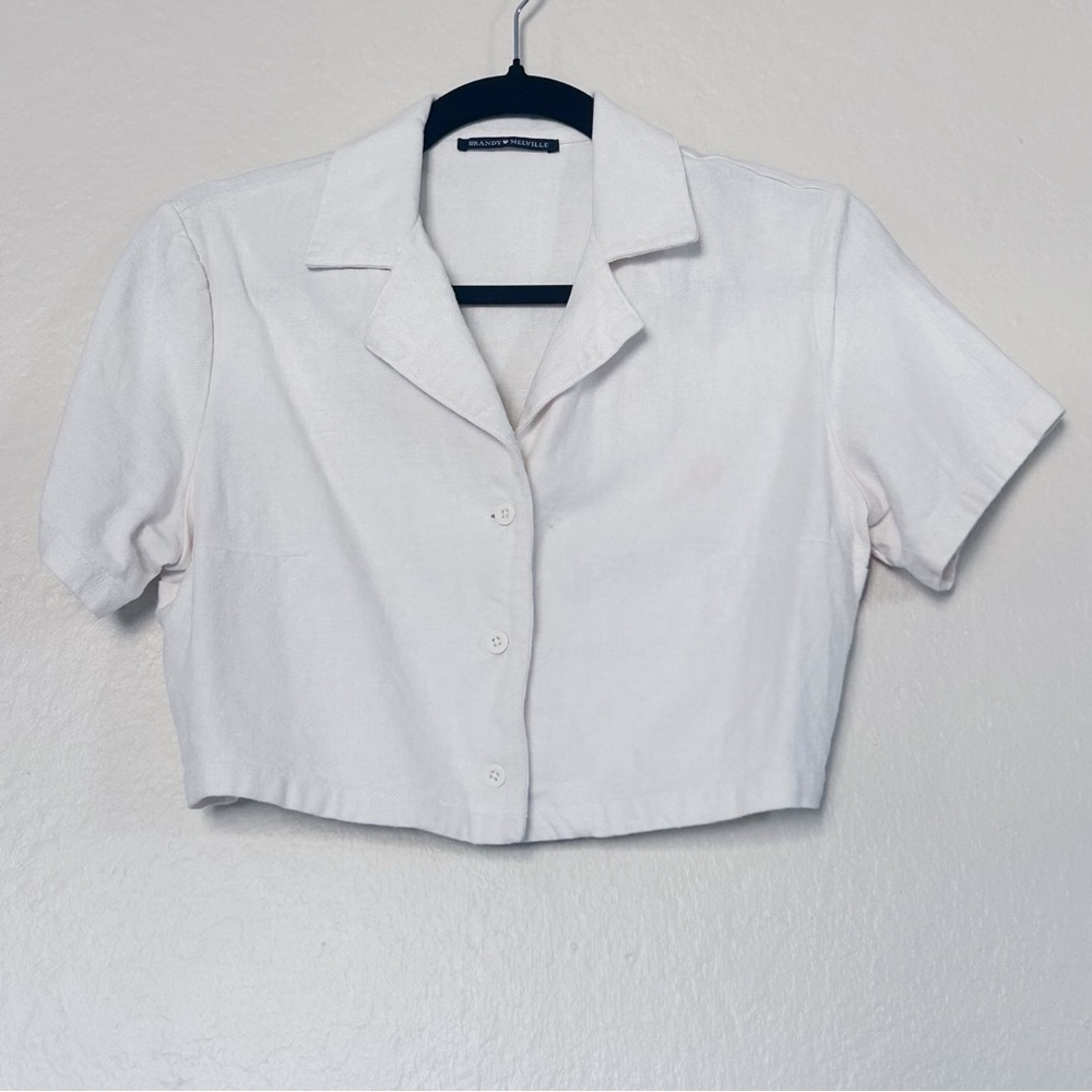 Brandy Melville Cropped Linen-Blend Button-Up Top | One Size
